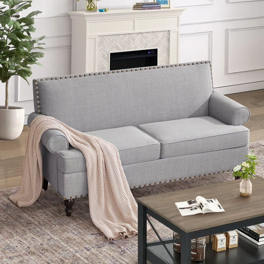 2 Seater Sofa: 62“W Polyester Upholstered Round Arm Loveseat With Nailhead Trim(Polyester Blend Light Gray)