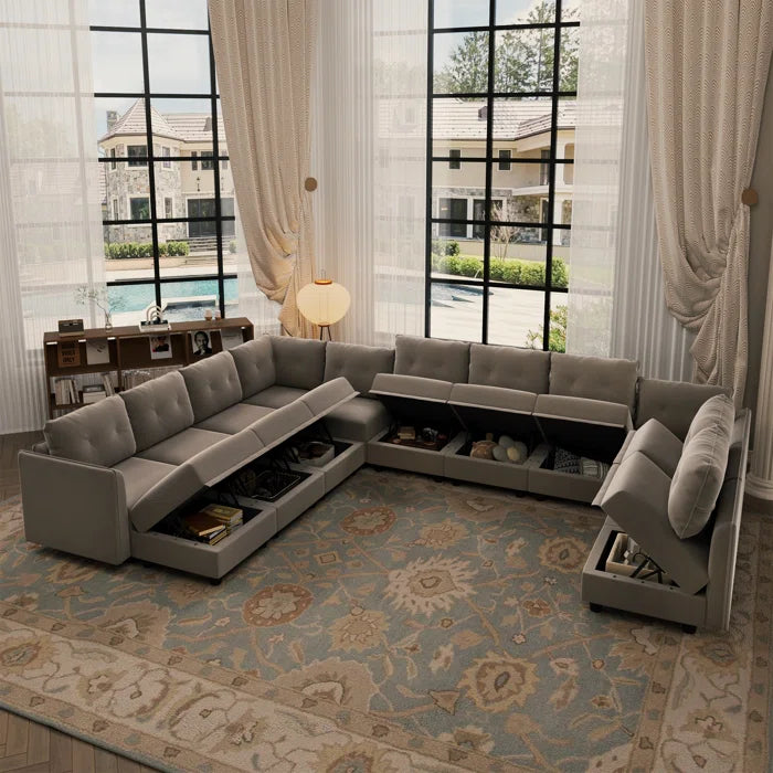 U-Shape Sectional Sofa: 14 - Piece Upholstered Sectional Sofa(Camel Faux Leather)