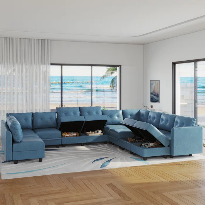 U-Shape Sectional Sofa: 14 - Piece Upholstery Sectional Sofa(Sky Blue Faux Leather)