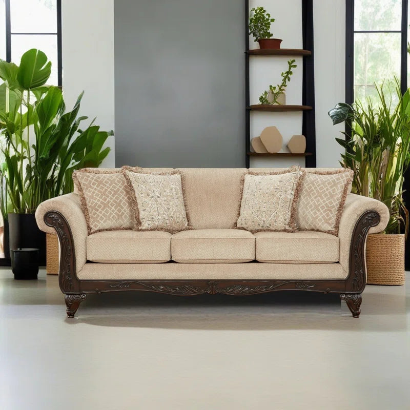 THE CASA ORO® Designer Sofa Set: 2-Piece Living Room Set, with a Loveseat and a Carved Wood Frame Sofa(Beige Wheat)