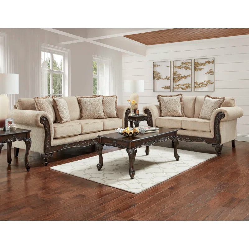 THE CASA ORO® Designer Sofa Set: 2-Piece Living Room Set, with a Loveseat and a Carved Wood Frame Sofa(Beige Wheat)