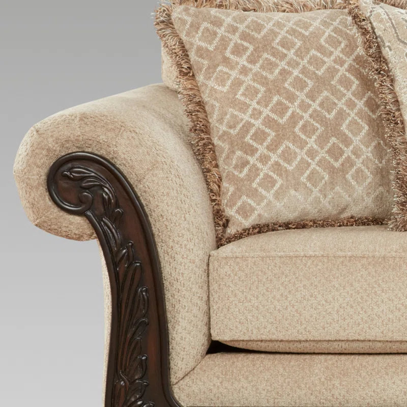 THE CASA ORO® Designer Sofa Set: 2-Piece Living Room Set, with a Loveseat and a Carved Wood Frame Sofa(Beige Wheat)