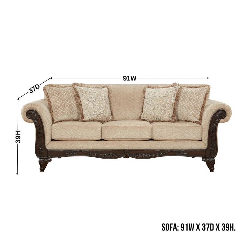 THE CASA ORO® Designer Sofa Set: 2-Piece Living Room Set, with a Loveseat and a Carved Wood Frame Sofa(Beige Wheat)