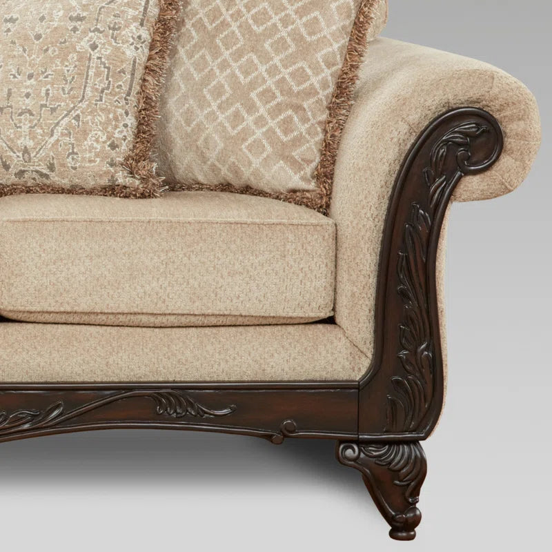 THE CASA ORO® Designer Sofa Set: 2-Piece Living Room Set, with a Loveseat and a Carved Wood Frame Sofa(Beige Wheat)