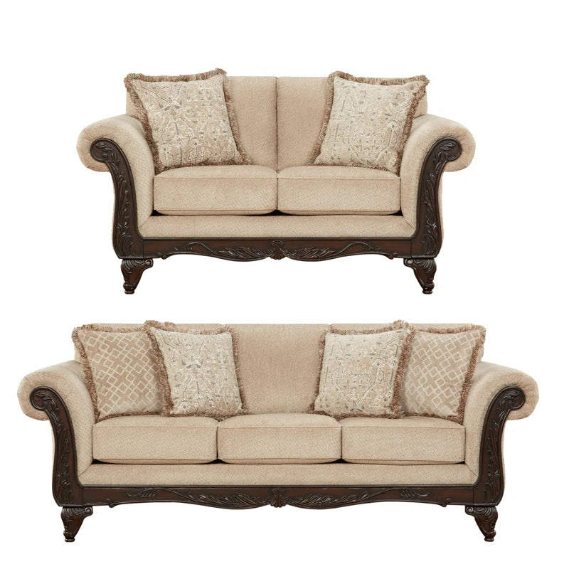 THE CASA ORO® Designer Sofa Set: 2-Piece Living Room Set, with a Loveseat and a Carved Wood Frame Sofa(Beige Wheat)