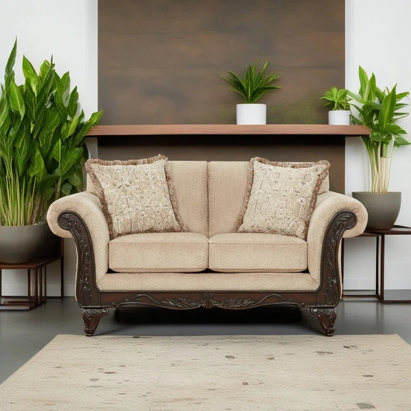 THE CASA ORO® Designer Sofa Set: 2-Piece Living Room Set, with a Loveseat and a Carved Wood Frame Sofa(Beige Wheat)