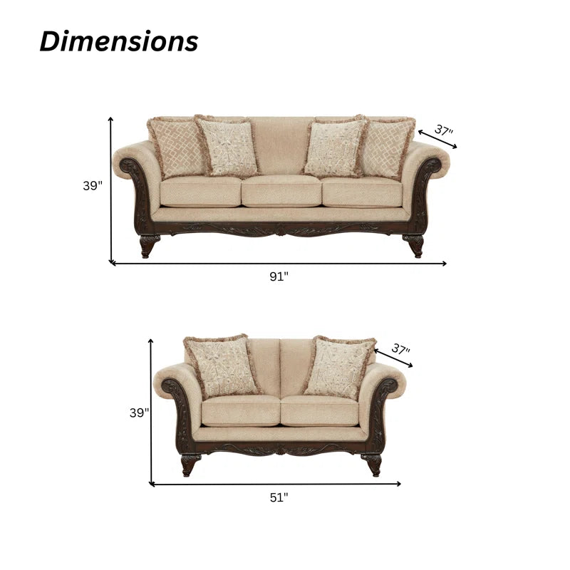 THE CASA ORO® Designer Sofa Set: 2-Piece Living Room Set, with a Loveseat and a Carved Wood Frame Sofa(Beige Wheat)