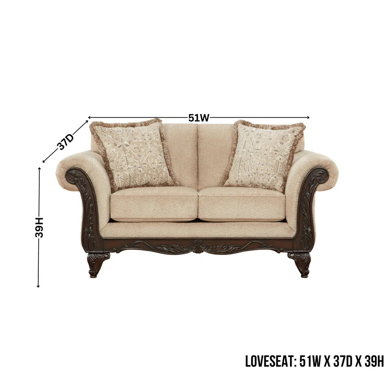 THE CASA ORO® Designer Sofa Set: 2-Piece Living Room Set, with a Loveseat and a Carved Wood Frame Sofa(Beige Wheat)