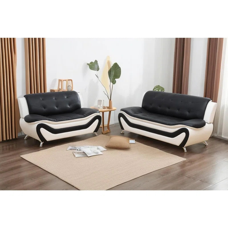 Modern Sofa Set: 2 - Piece Modern Faux Leather Living Room Set(Black/White)