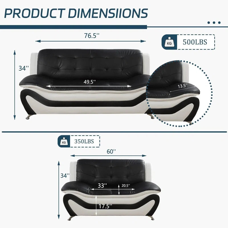 Modern Sofa Set: 2 - Piece Modern Faux Leather Living Room Set(Black/White)