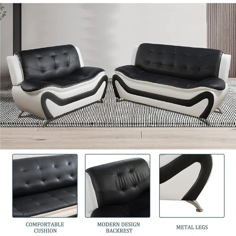 Modern Sofa Set: 2 - Piece Modern Faux Leather Living Room Set(Black/White)