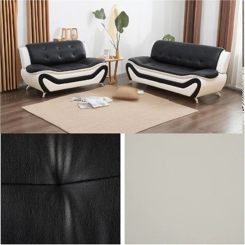 Modern Sofa Set: 2 - Piece Modern Faux Leather Living Room Set(Black/White)