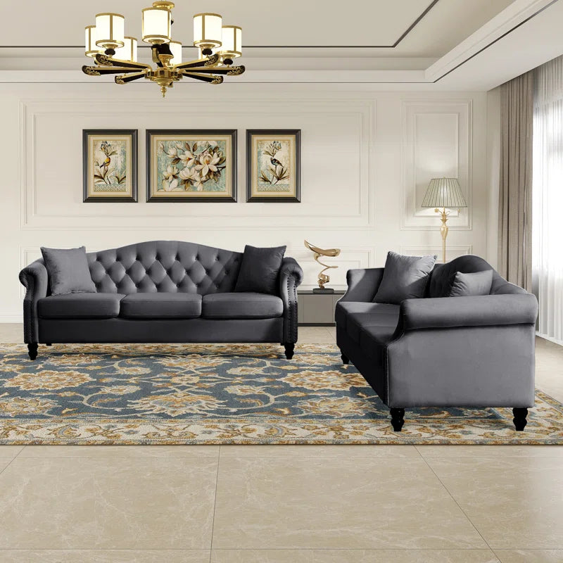 THE CASA ORO® 2 - Piece Upholstered Tufted 3 Seater Chesterfield Sofa Set(Gray Velvet)