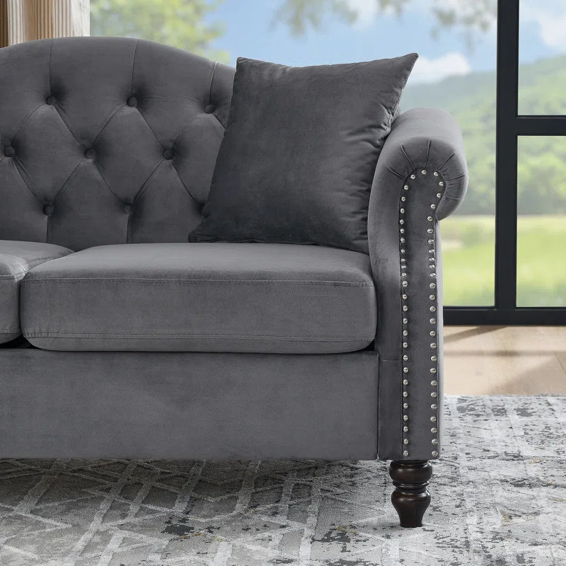 THE CASA ORO® 2 - Piece Upholstered Tufted 3 Seater Chesterfield Sofa Set(Gray Velvet)