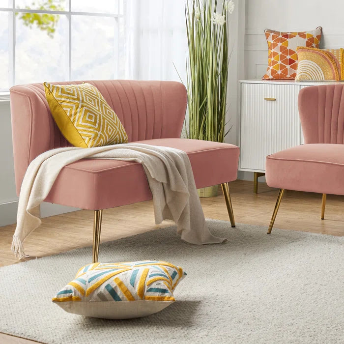THE CASE ORO® 47" Velvet 2-Seat Armless Upholstered Loveseat Mid-Century Modern Office Sofa(Pink Velvet)