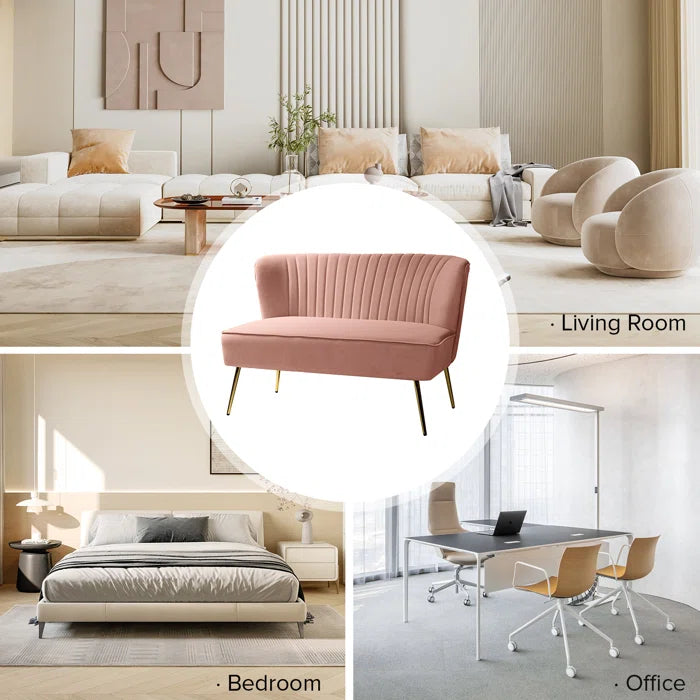 THE CASE ORO® 47" Velvet 2-Seat Armless Upholstered Loveseat Mid-Century Modern Office Sofa(Pink Velvet)