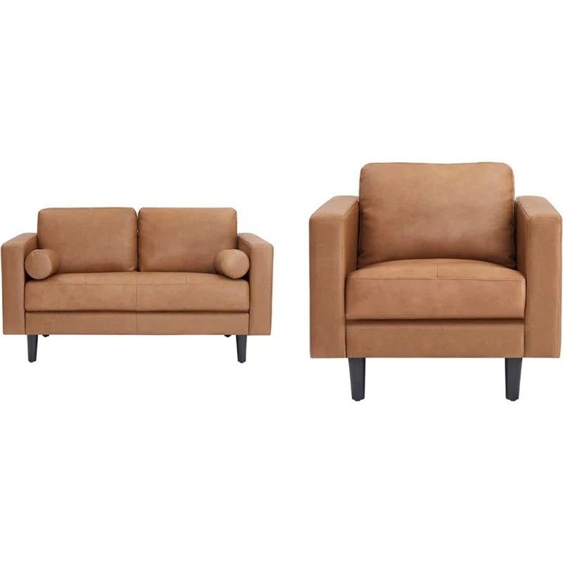 THE CASA ORO® Designer Sofa Set: 2 Piece Living Room Sets Genuine Leather Modern Couch Set with Loveseat and Accent Chair(Brown Genuine Leather)