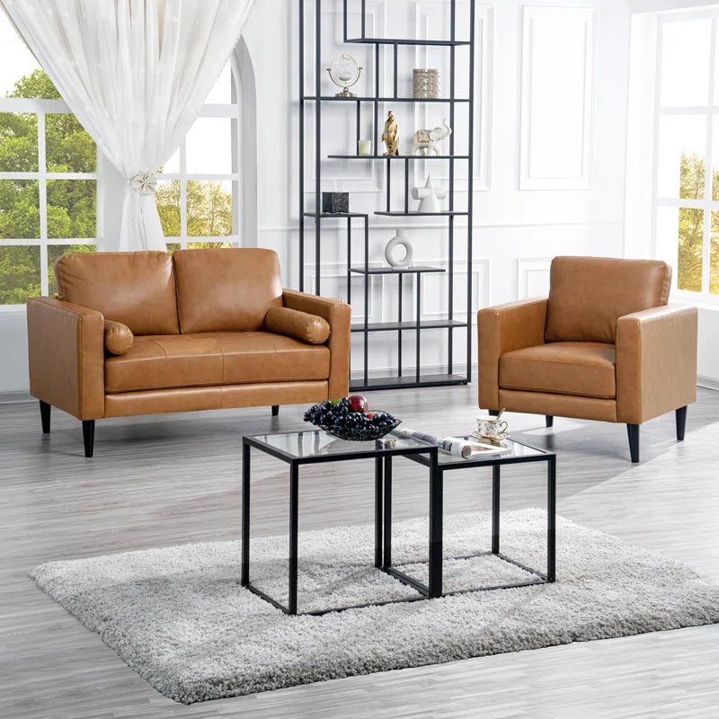 THE CASA ORO® Designer Sofa Set: 2 Piece Living Room Sets Genuine Leather Modern Couch Set with Loveseat and Accent Chair(Brown Genuine Leather)