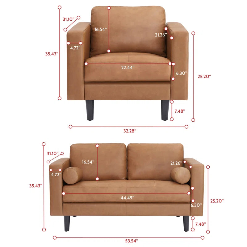 THE CASA ORO® Designer Sofa Set: 2 Piece Living Room Sets Genuine Leather Modern Couch Set with Loveseat and Accent Chair(Brown Genuine Leather)