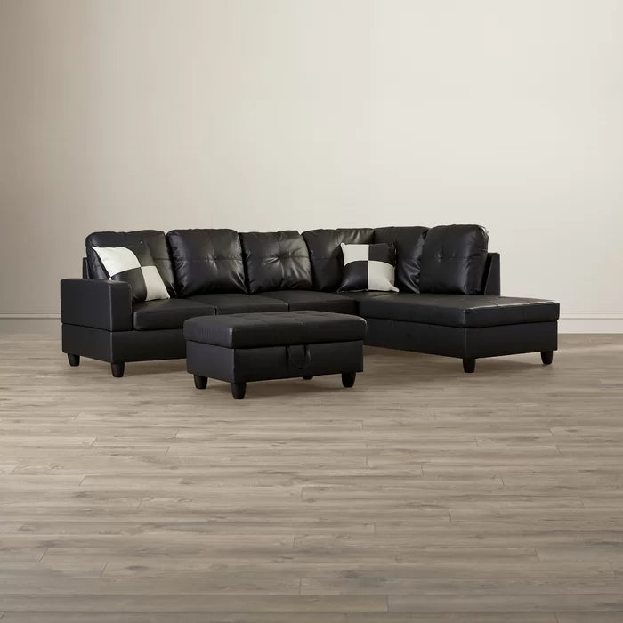 L-Shape Sectional Sofa: 3 - Piece Faux Leather Sectional sofa(Black)