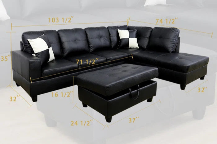 L-Shape Sectional Sofa: 3 - Piece Faux Leather Sectional sofa(Black)