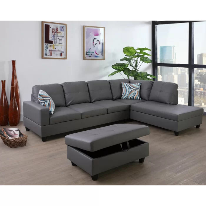 L-Shape Sectional Sofa: 3 - Piece Faux Leather Sectional(Dark Gray)