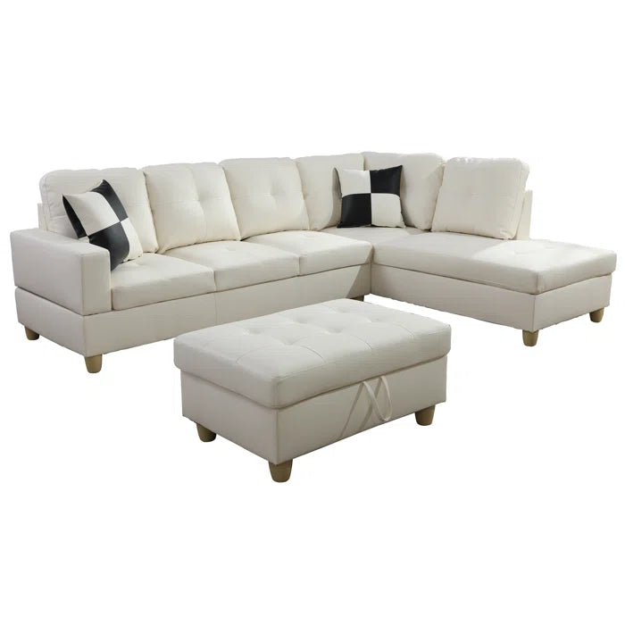 L-Shape Sectional Sofa: 3 - Piece Faux Leather Sectional(Off White)