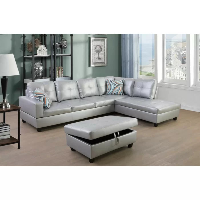 L-Shape Sectional Sofa: 3 - Piece Faux Leather Sectional(Silver)