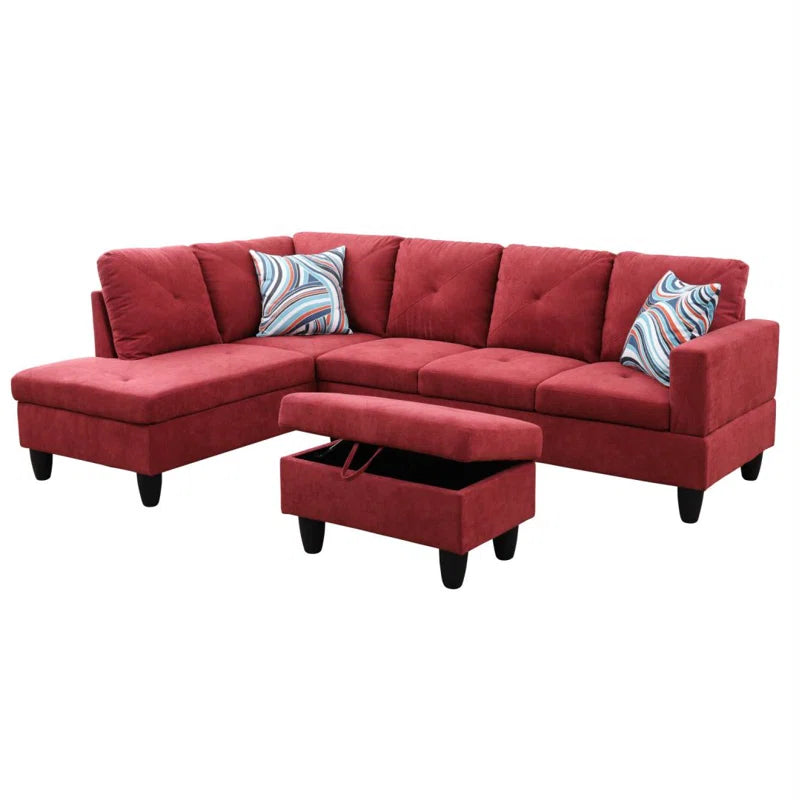 L-Shape Sectional Sofa: 3 - Piece L- Shaped Upholstery Living Room Sectional Sofa(Red Polyester Blend)