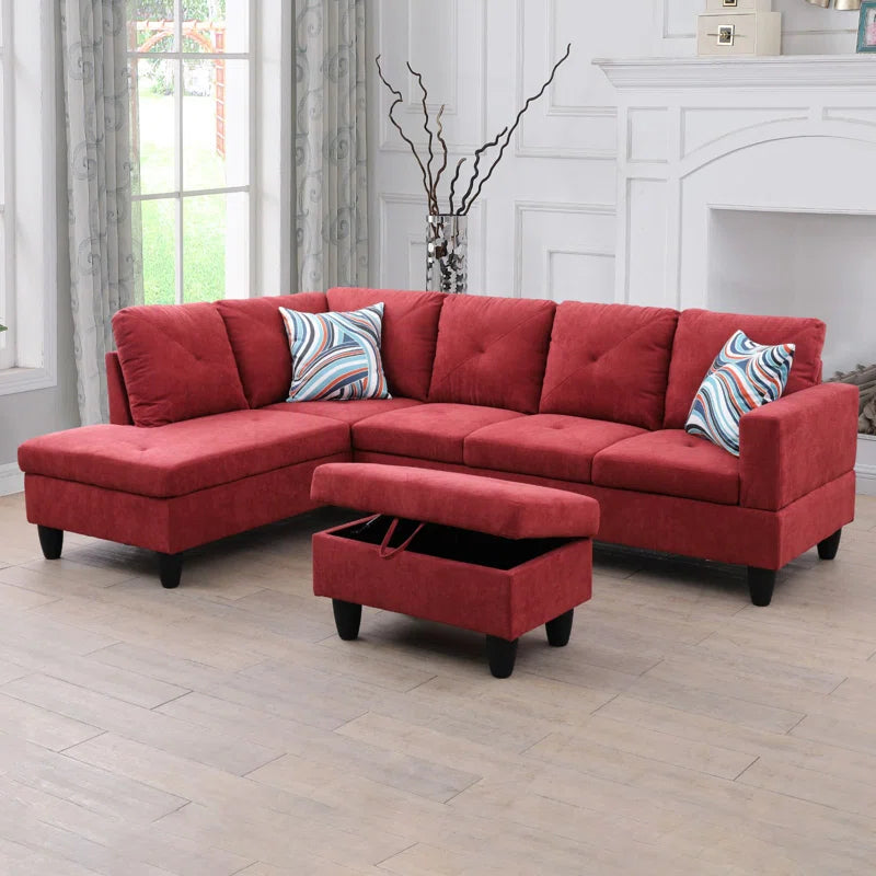 L-Shape Sectional Sofa: 3 - Piece L- Shaped Upholstery Living Room Sectional Sofa(Red Polyester Blend)