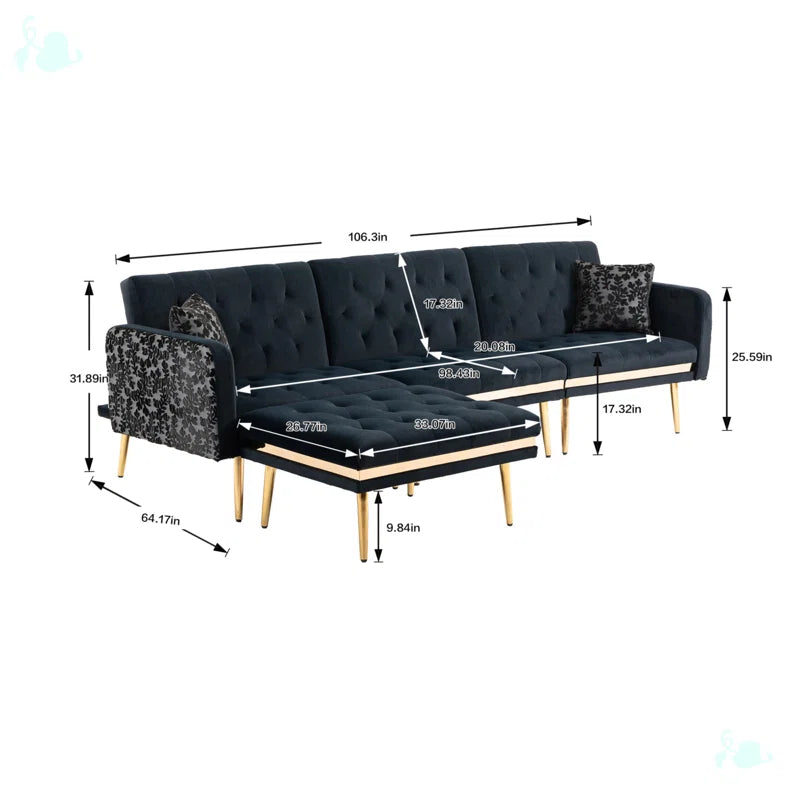 U-Shape Sectional Sofa: 110.6" Wide 3-Piece Upholstered Sectional with Chaise Longue(Black Velvet)