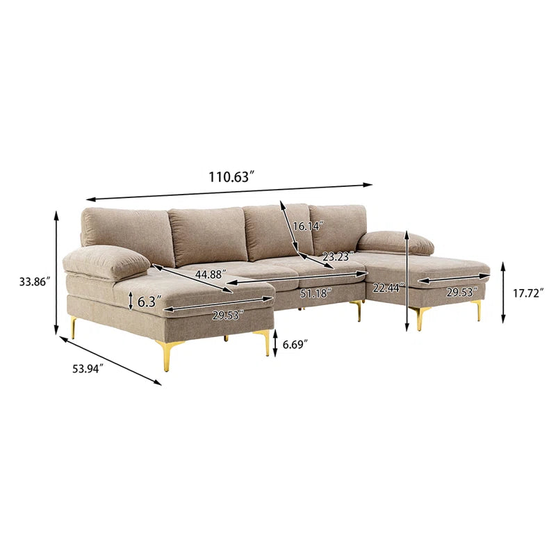 U-Shape Sectional Sofa: 110.6" Wide 3-Piece Upholstered Sectional with Chaise Longue(Camel Chenille)