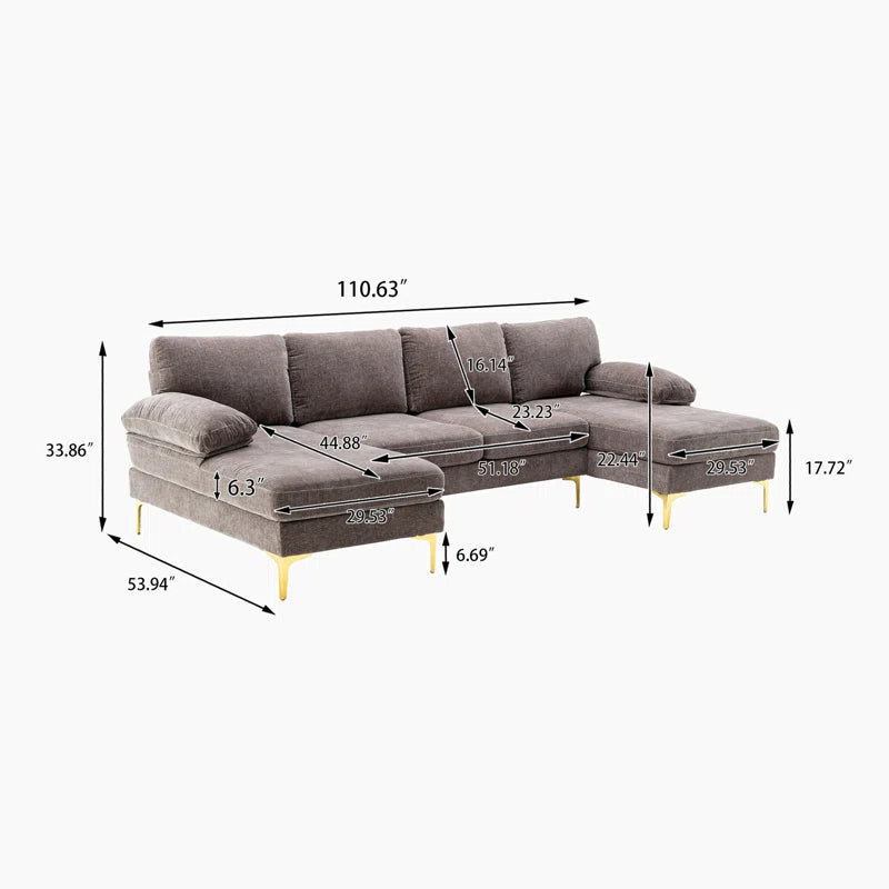 U-Shape Sectional Sofa: 110.6" Wide 3-Piece Upholstered Sectional with Chaise Longue(Gray Polyester)