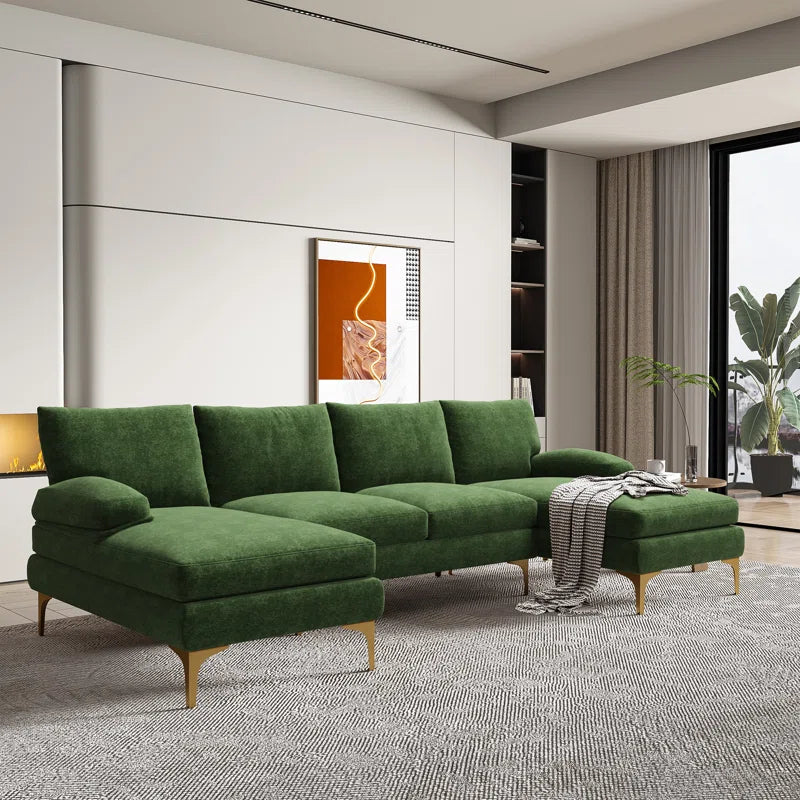 U-Shape Sectional Sofa: 110.6" Wide 3-Piece Upholstered Sectional with Chaise Longue(Green Chenille)