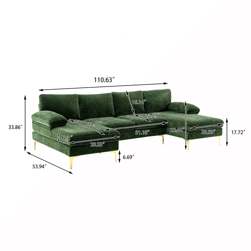 U-Shape Sectional Sofa: 110.6" Wide 3-Piece Upholstered Sectional with Chaise Longue(Green Chenille)