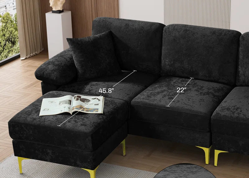 L-Shape Sectional Sofa: 3 - Piece Upholstered Sectional with Ottoman(Black Polyester)