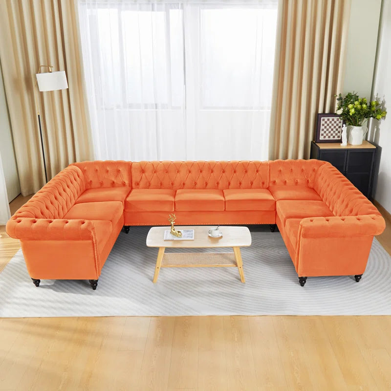 U-Shape Sofa: 3 - Piece Velvet Sectional(Orange Velvet)