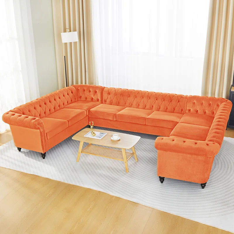 U-Shape Sofa: 3 - Piece Velvet Sectional(Orange Velvet)