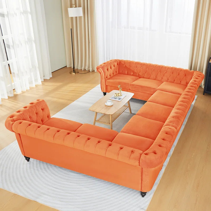 U-Shape Sofa: 3 - Piece Velvet Sectional(Orange Velvet)