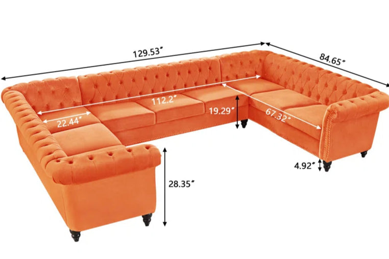 U-Shape Sofa: 3 - Piece Velvet Sectional(Orange Velvet)