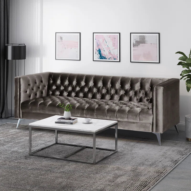 THE CASA ORO® 88" 3 Seater Sofa, Velvet Tuxedo Arm Sofa Couch(Gray)