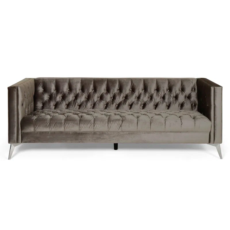 THE CASA ORO® 88" 3 Seater Sofa, Velvet Tuxedo Arm Sofa Couch(Gray)