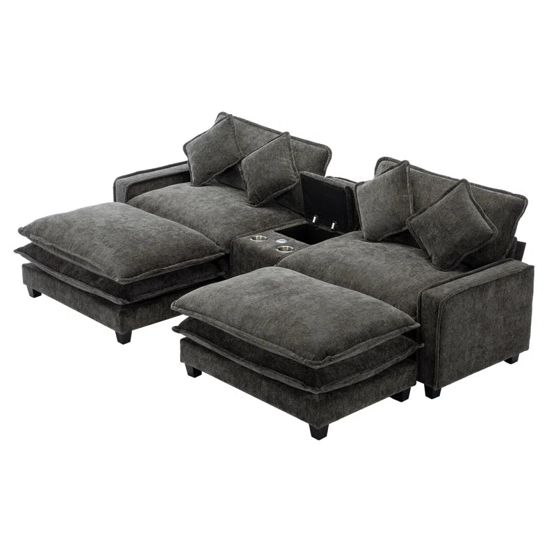 U-Shape Sectional Sofa: 4-Piece Cozy Modular Sectional Blend with Double Cushion Design(Black Chenille/Polyester Blend)