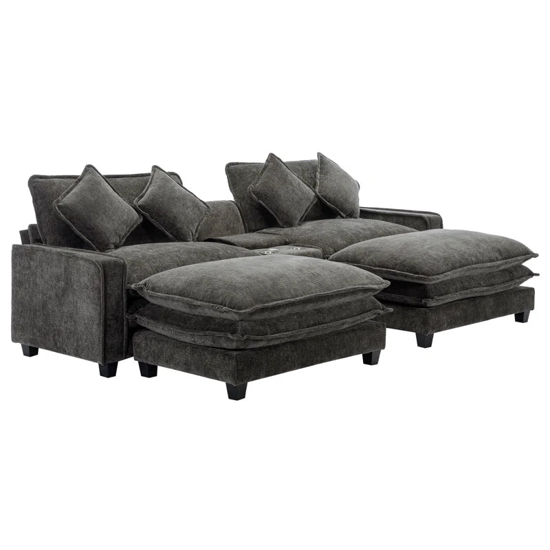 U-Shape Sectional Sofa: 4-Piece Cozy Modular Sectional Blend with Double Cushion Design(Black Chenille/Polyester Blend)