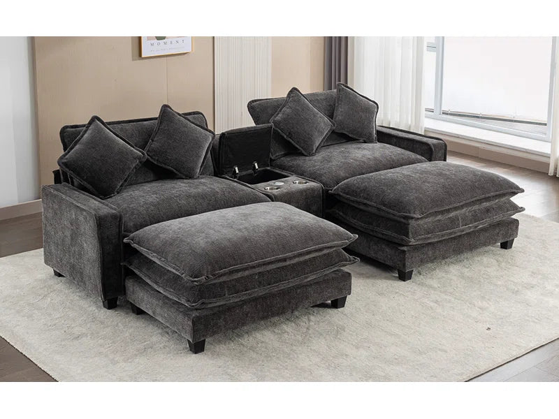 U-Shape Sectional Sofa: 4-Piece Cozy Modular Sectional Blend with Double Cushion Design(Black Chenille)