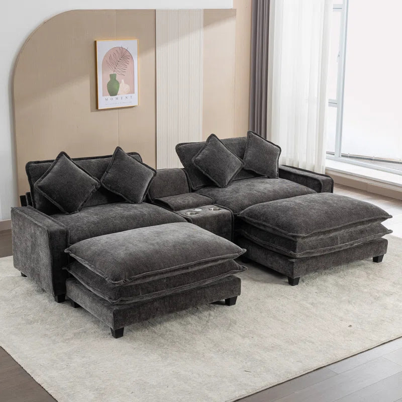 U-Shape Sectional Sofa: 4-Piece Cozy Modular Sectional Blend with Double Cushion Design(Black Chenille)