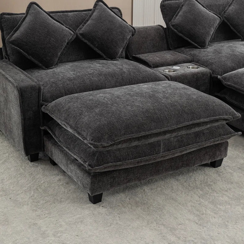 U-Shape Sectional Sofa: 4-Piece Cozy Modular Sectional Blend with Double Cushion Design(Black Chenille)