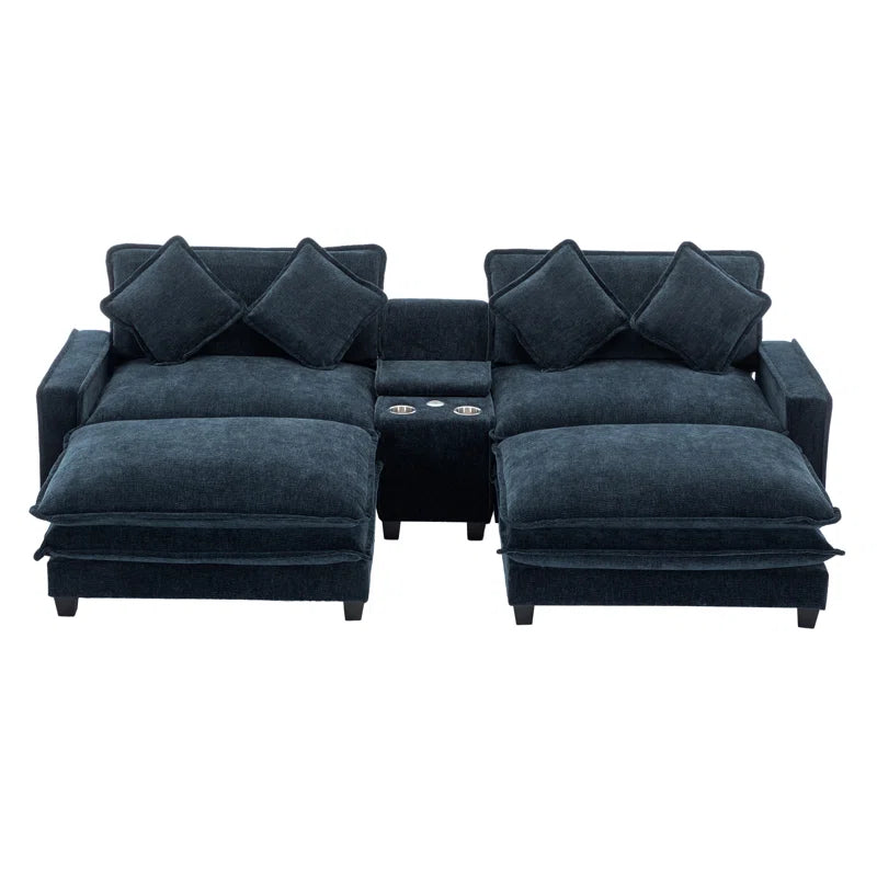 U-Shape Sectional Sofa: 4-Piece Cozy Modular Sectional Blend with Double Cushion Design(Blue Chenille/Polyester Blend)