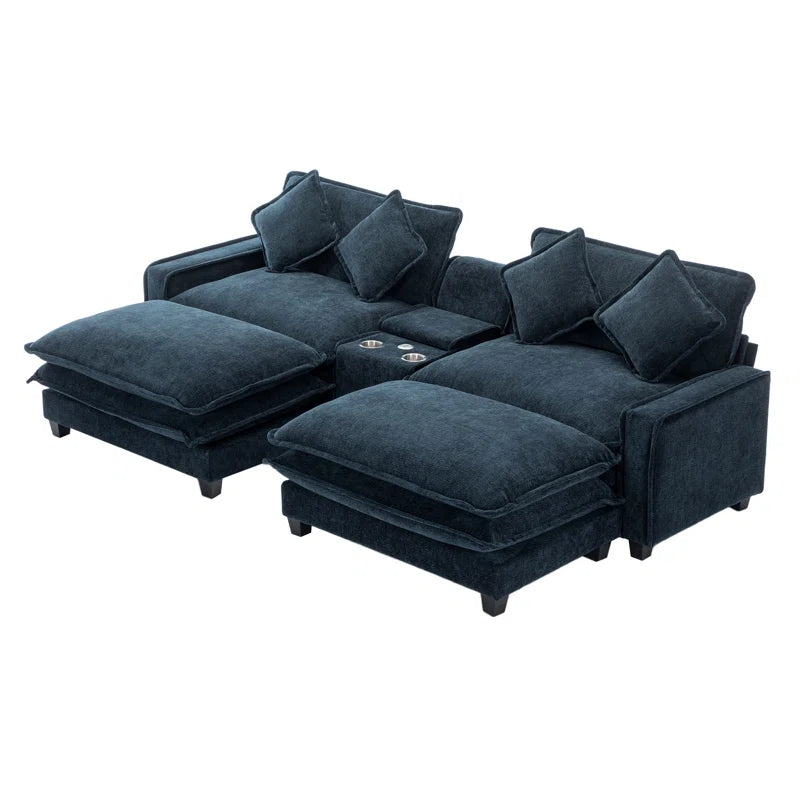 U-Shape Sectional Sofa: 4-Piece Cozy Modular Sectional Blend with Double Cushion Design(Blue Chenille/Polyester Blend)