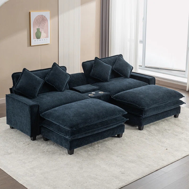 U-Shape Sectional Sofa: 4-Piece Cozy Modular Sectional Blend with Double Cushion Design(Blue Chenille)